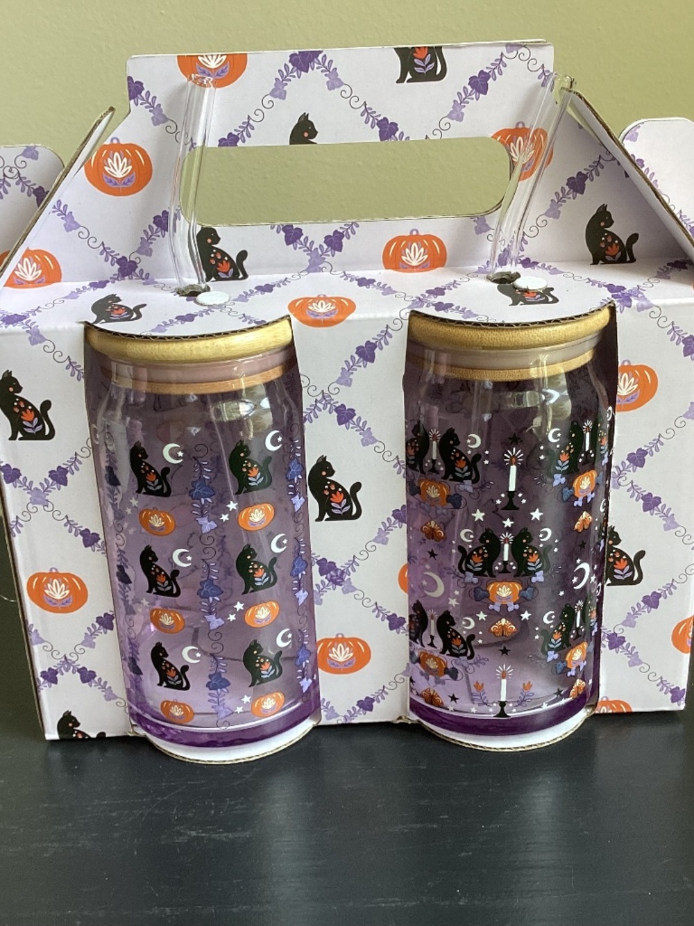 NWT and in box Set of 2 Halloween Themed Glass Tumblers with Bamboo Lid Straw